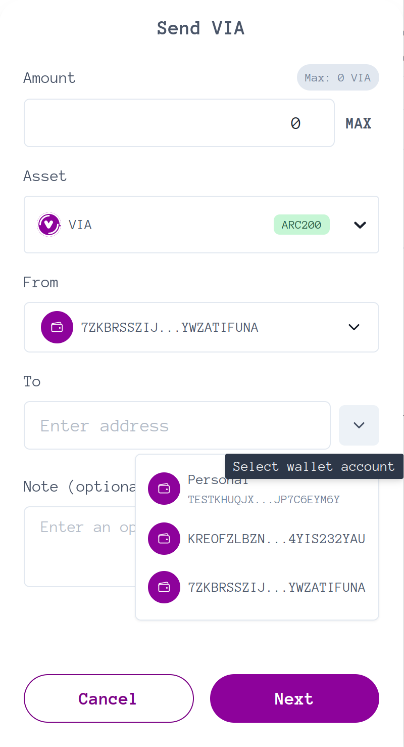 Select known address when sending assets