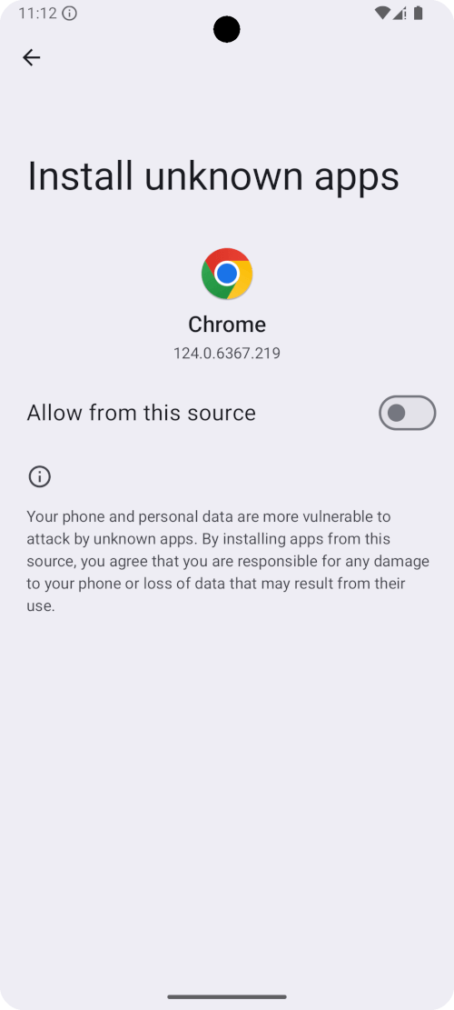 A screenshot on an Android device showing the option to allow apps to be installed from the source (Chrome)