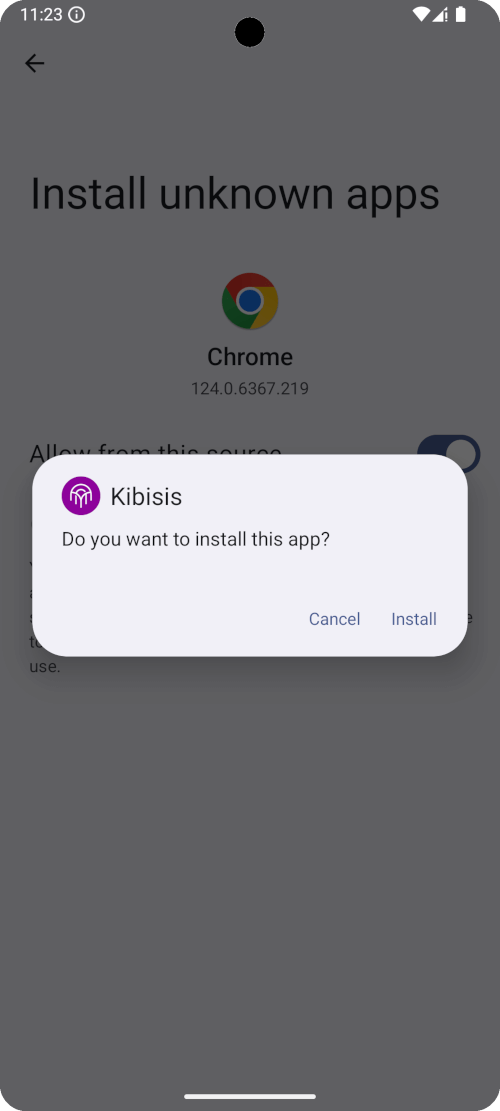 A screenshot on an Android device showing the option to install Kibisis